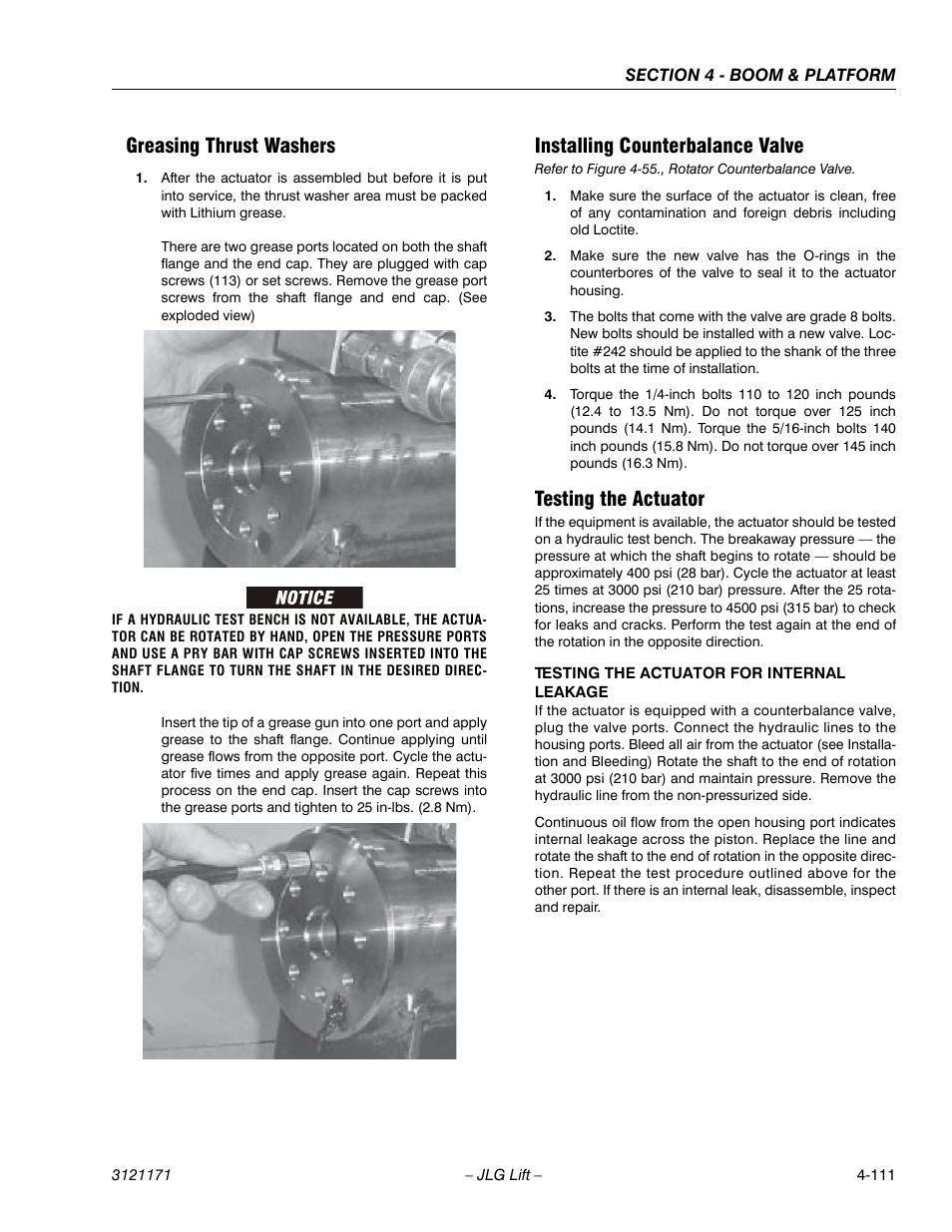 Greasing thrust washers, Installing counterbalance valve, Testing the actuator | JLG 1250AJP Service Manual User Manual | Page 351 / 606