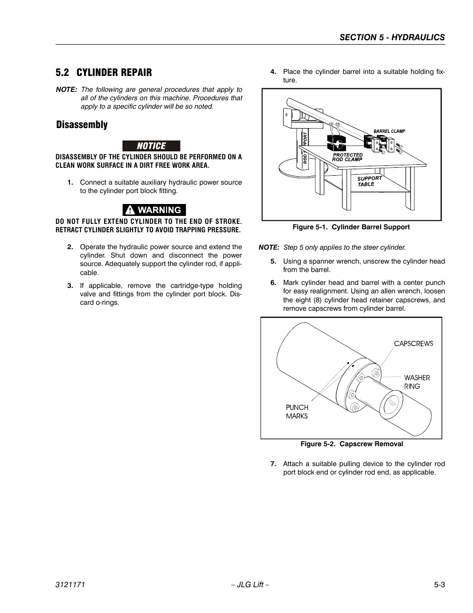 2 cylinder repair, Disassembly, Cylinder repair -3 | Disassembly -3, Cylinder barrel support -3, Capscrew removal -3 | JLG 1250AJP Service Manual User Manual | Page 357 / 606