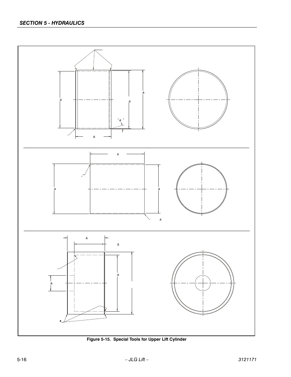 Special tools for upper lift cylinder -16, Figure 5-15. special tools for upper lift cylinder, Go (piston) gauge | JLG 1250AJP Service Manual User Manual | Page 370 / 606