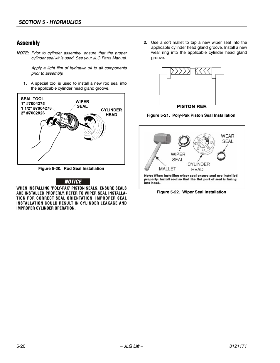 Assembly, Assembly -20, Rod seal installation -20 | Poly-pak piston seal installation -20, Wiper seal installation -20 | JLG 1250AJP Service Manual User Manual | Page 374 / 606