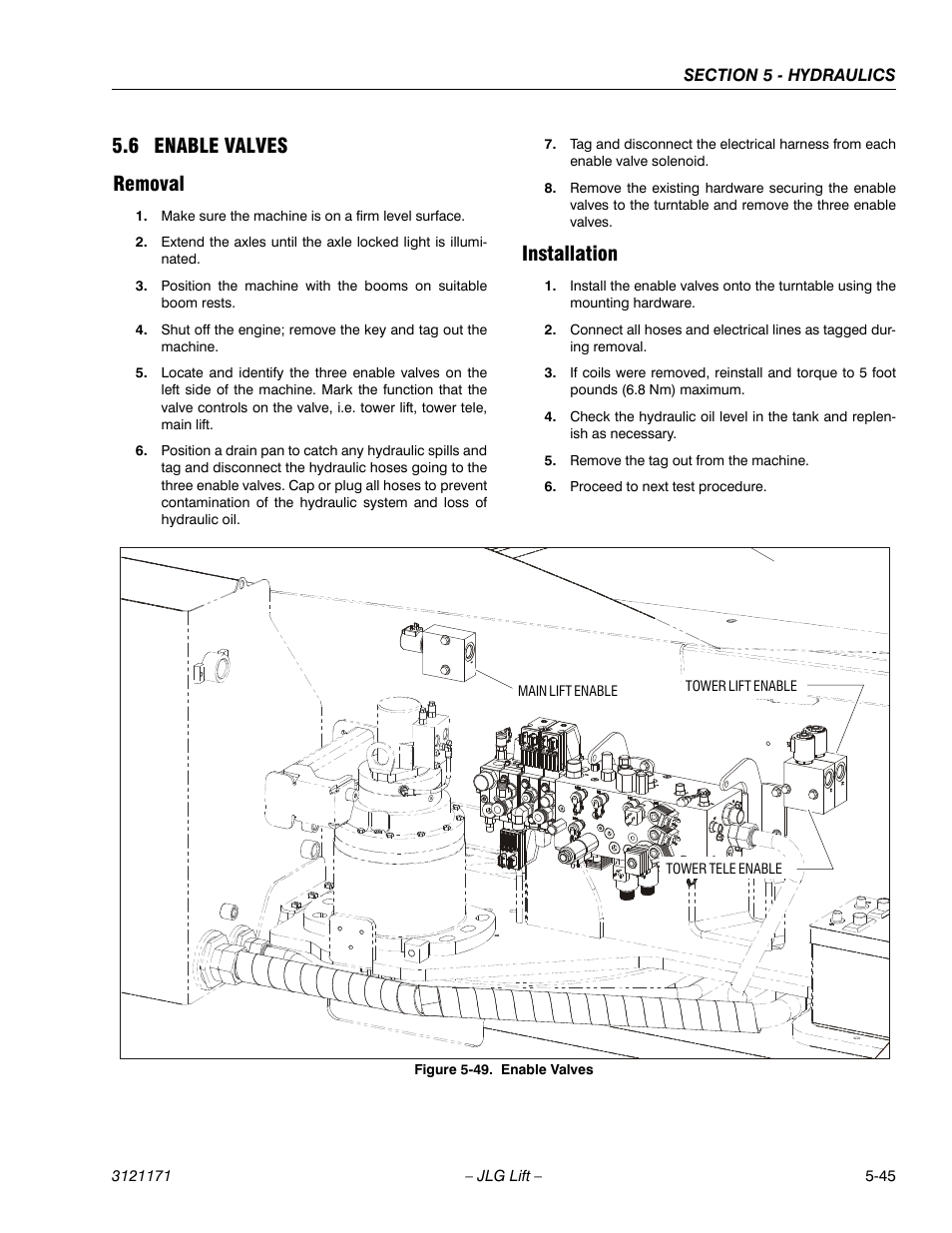 6 enable valves, Removal, Installation | Enable valves -45, Removal -45 installation -45, 6 enable valves removal | JLG 1250AJP Service Manual User Manual | Page 399 / 606