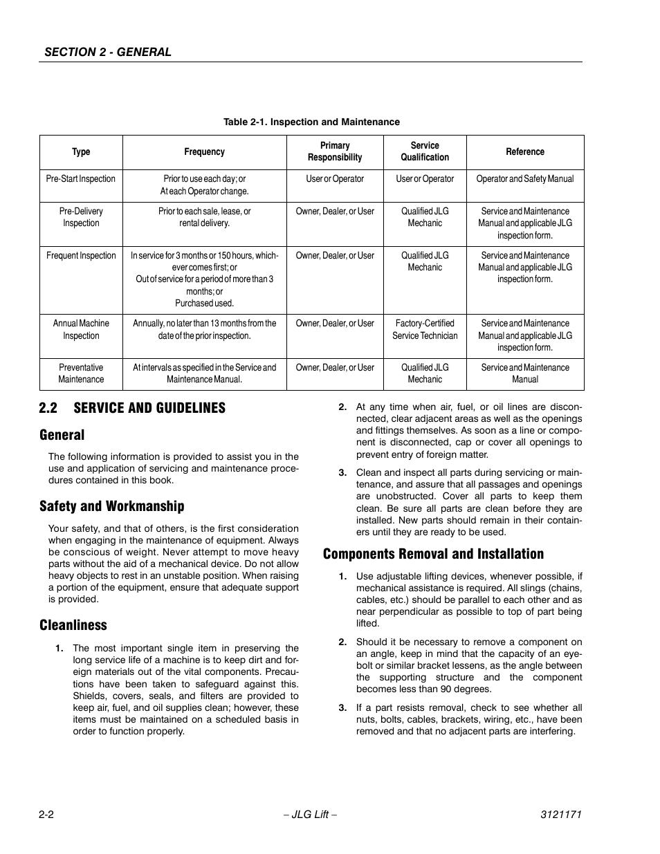 2 service and guidelines, General, Safety and workmanship | Cleanliness, Components removal and installation, Service and guidelines -2, Inspection and maintenance -2, 2 service and guidelines general | JLG 1250AJP Service Manual User Manual | Page 40 / 606