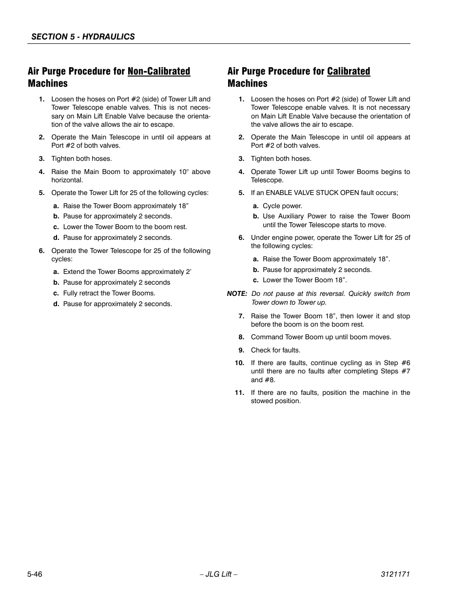 Air purge procedure for non-calibrated machines, Air purge procedure for calibrated machines | JLG 1250AJP Service Manual User Manual | Page 400 / 606