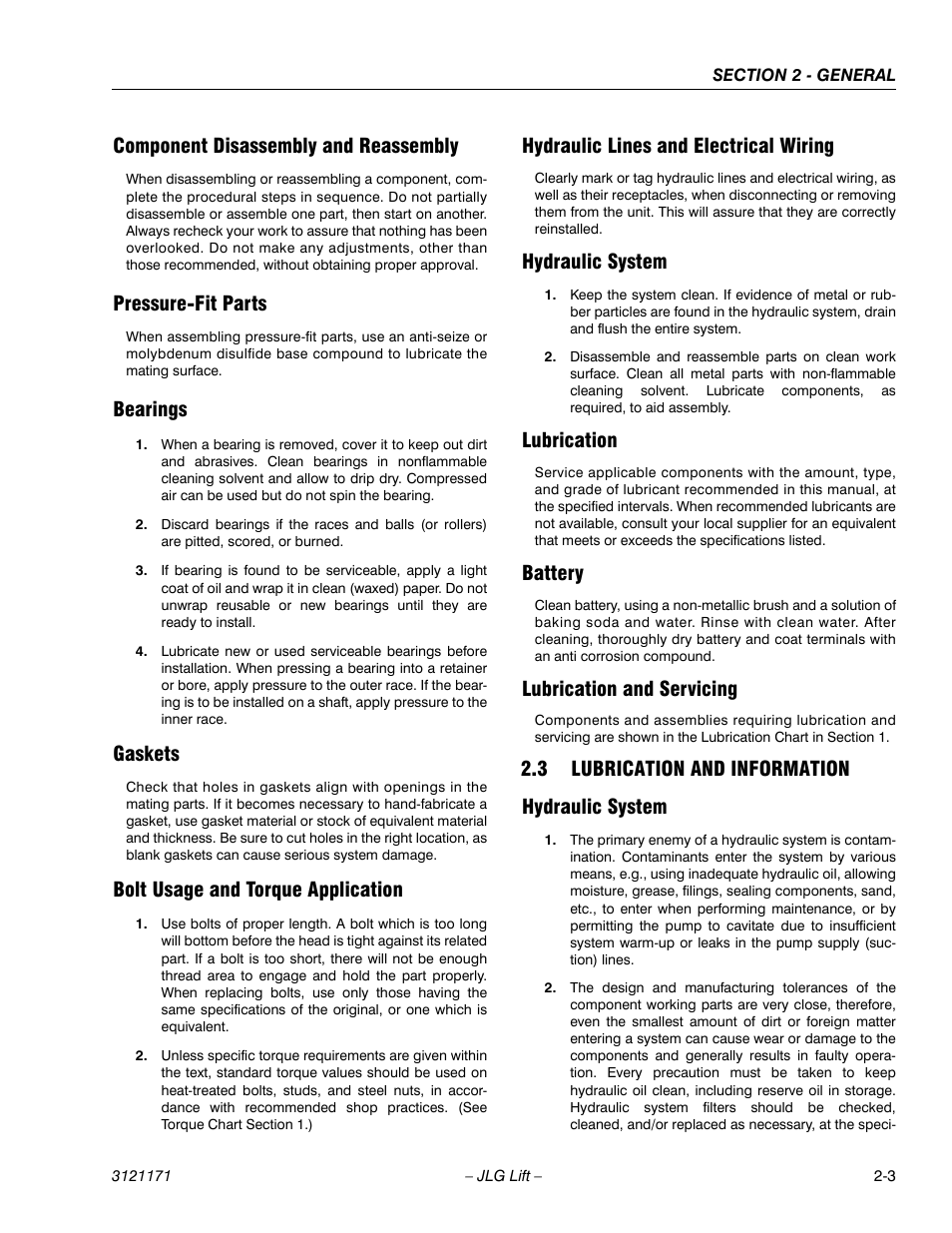 Component disassembly and reassembly, Pressure-fit parts, Bearings | Gaskets, Bolt usage and torque application, Hydraulic lines and electrical wiring, Hydraulic system, Lubrication, Battery, Lubrication and servicing | JLG 1250AJP Service Manual User Manual | Page 41 / 606