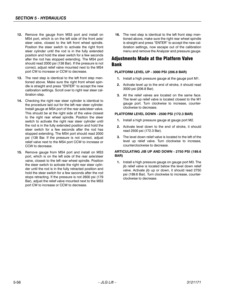 Adjustments made at the platform valve bank, Adjustments made at the platform valve bank -56 | JLG 1250AJP Service Manual User Manual | Page 410 / 606