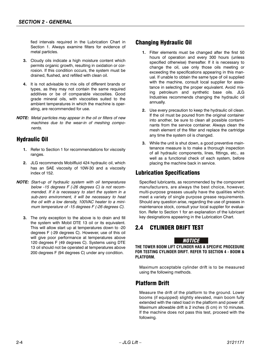 Hydraulic oil, Changing hydraulic oil, Lubrication specifications | 4 cylinder drift test, Platform drift, Cylinder drift test -4, Platform drift -4 | JLG 1250AJP Service Manual User Manual | Page 42 / 606
