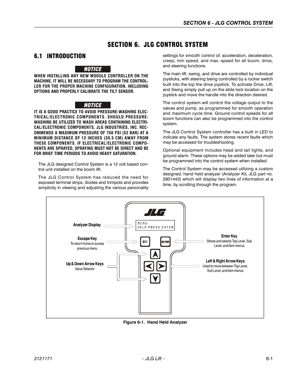 Section 6. jlg control system, 1 introduction, Section 6 - jlg control system | Introduction -1, Hand held analyzer -1 | JLG 1250AJP Service Manual User Manual | Page 433 / 606