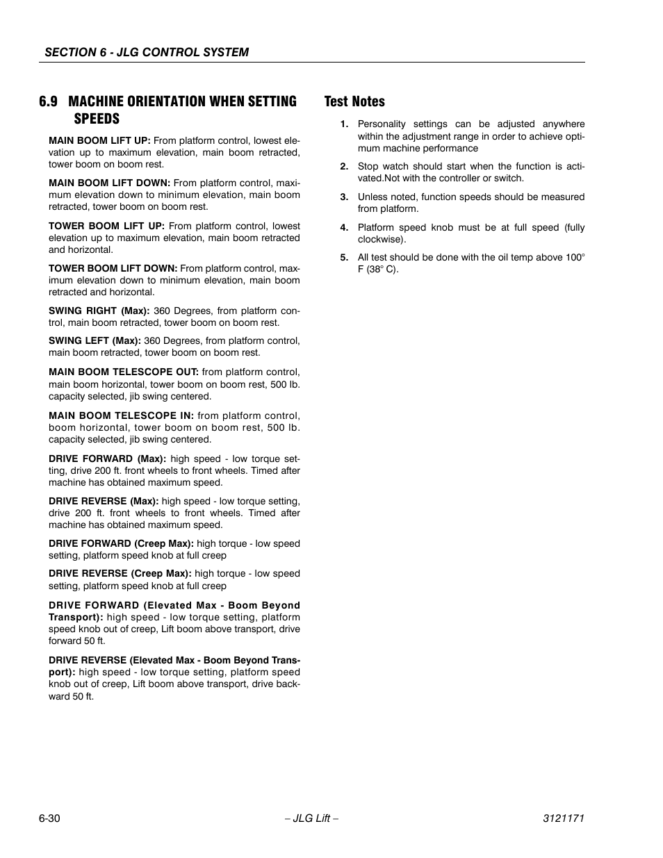 9 machine orientation when setting speeds, Test notes, Machine orientation when setting speeds -30 | Test notes -30 | JLG 1250AJP Service Manual User Manual | Page 462 / 606