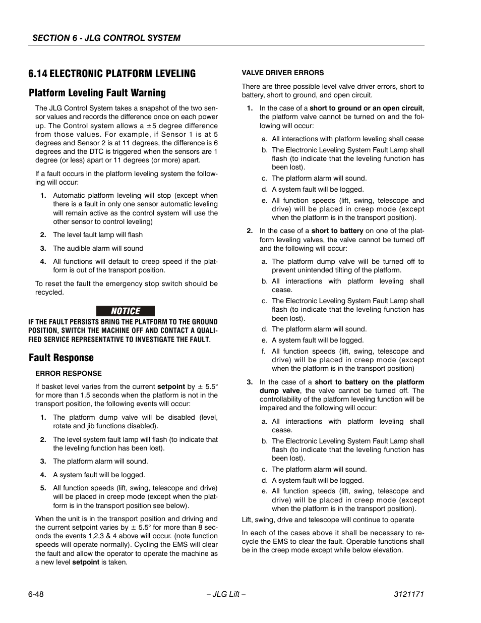 14 electronic platform leveling, Platform leveling fault warning, Fault response | Electronic platform leveling -48 | JLG 1250AJP Service Manual User Manual | Page 480 / 606