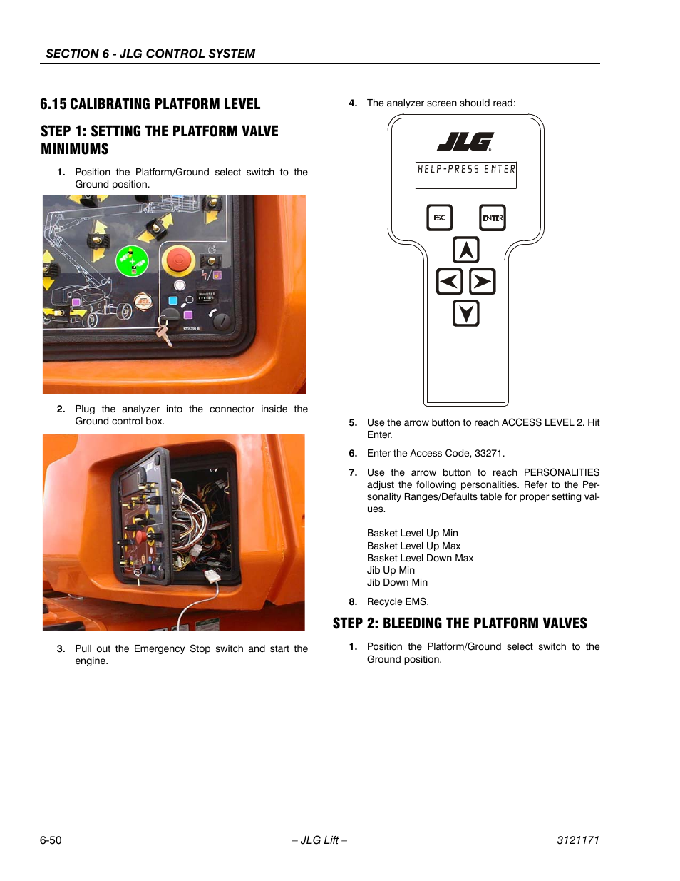 15 calibrating platform level, Step 1: setting the platform valve minimums, Step 2: bleeding the platform valves | Calibrating platform level -50 | JLG 1250AJP Service Manual User Manual | Page 482 / 606