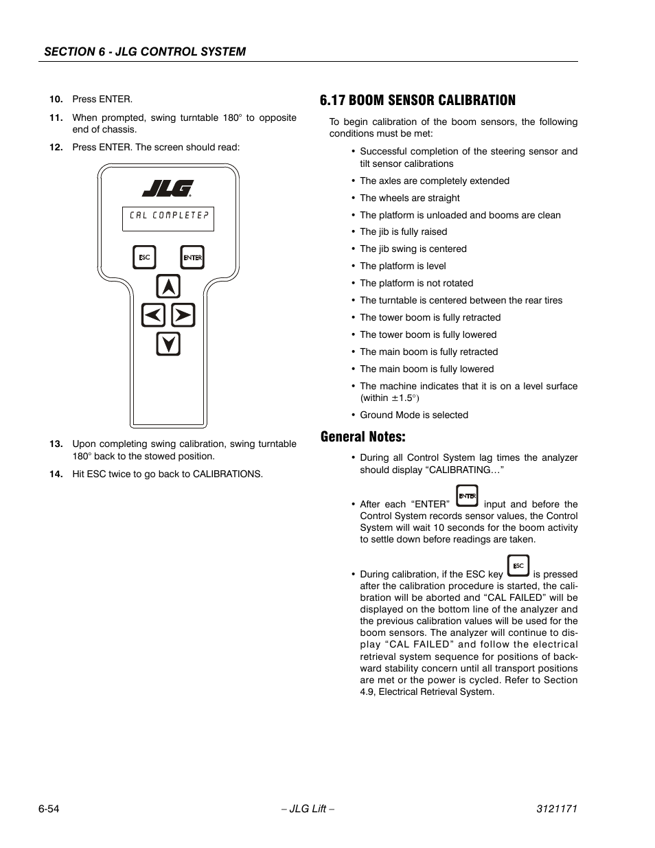 17 boom sensor calibration, General notes, Boom sensor calibration -54 | General notes: -54 | JLG 1250AJP Service Manual User Manual | Page 486 / 606