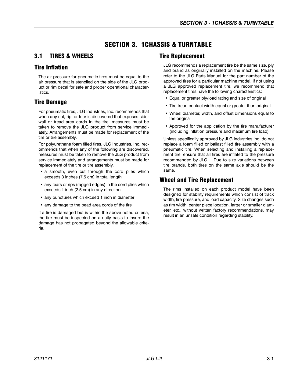 Section 3. 1chassis & turntable, 1 tires & wheels, Tire inflation | Tire damage, Tire replacement, Wheel and tire replacement, Section 3 - chassis & turntable, Tires & wheels -1, 1 tires & wheels tire inflation | JLG 1250AJP Service Manual User Manual | Page 49 / 606