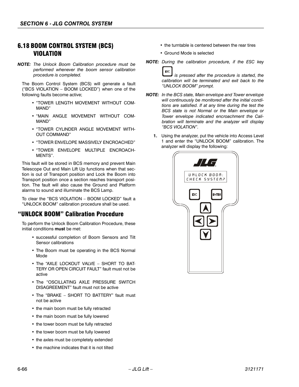 18 boom control system (bcs) violation, Unlock boom” calibration procedure, Boom control system (bcs) violation -66 | Unlock boom” calibration procedure -66 | JLG 1250AJP Service Manual User Manual | Page 498 / 606