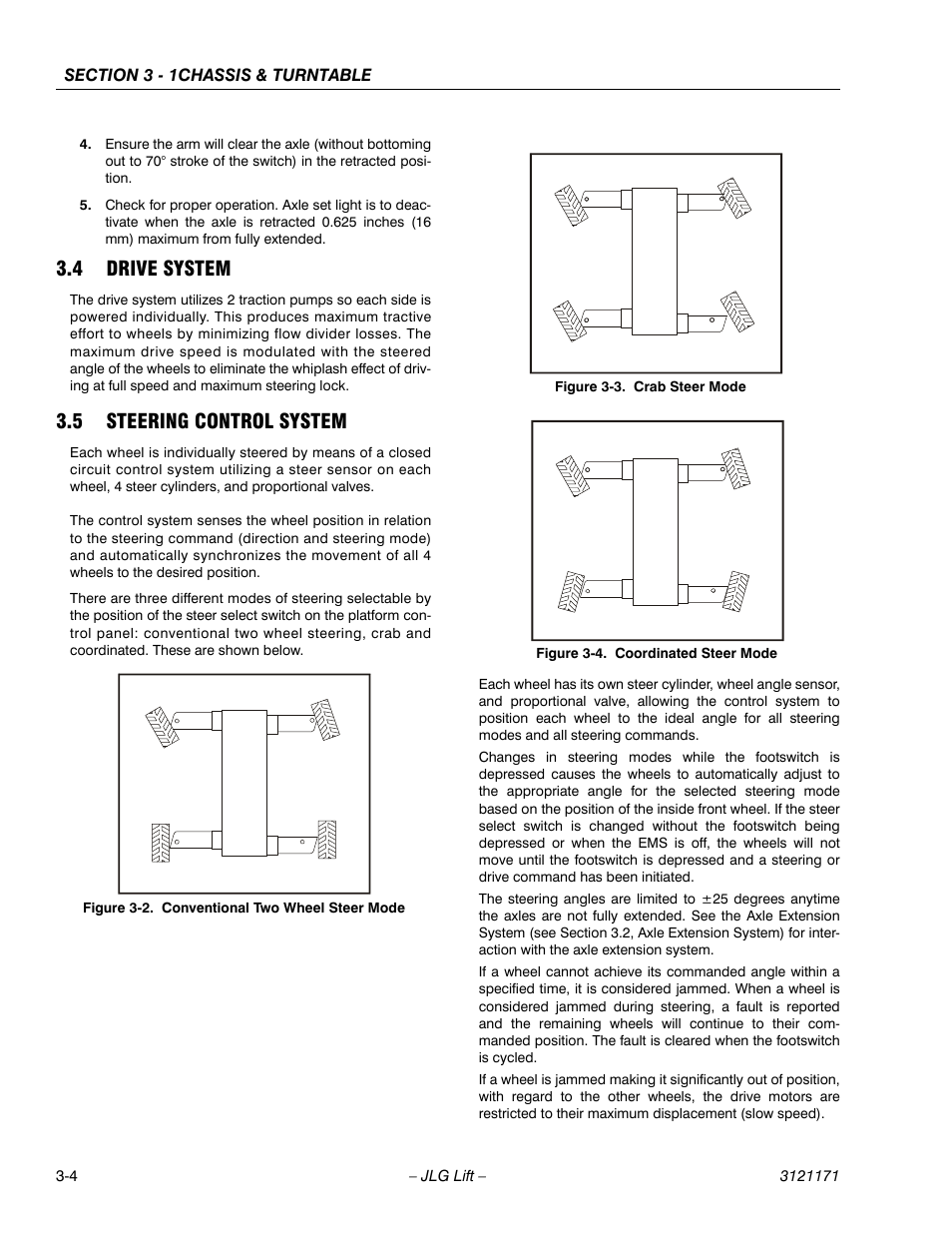 4 drive system, 5 steering control system, Drive system -4 | Steering control system -4, Conventional two wheel steer mode -4, Crab steer mode -4, Coordinated steer mode -4 | JLG 1250AJP Service Manual User Manual | Page 52 / 606