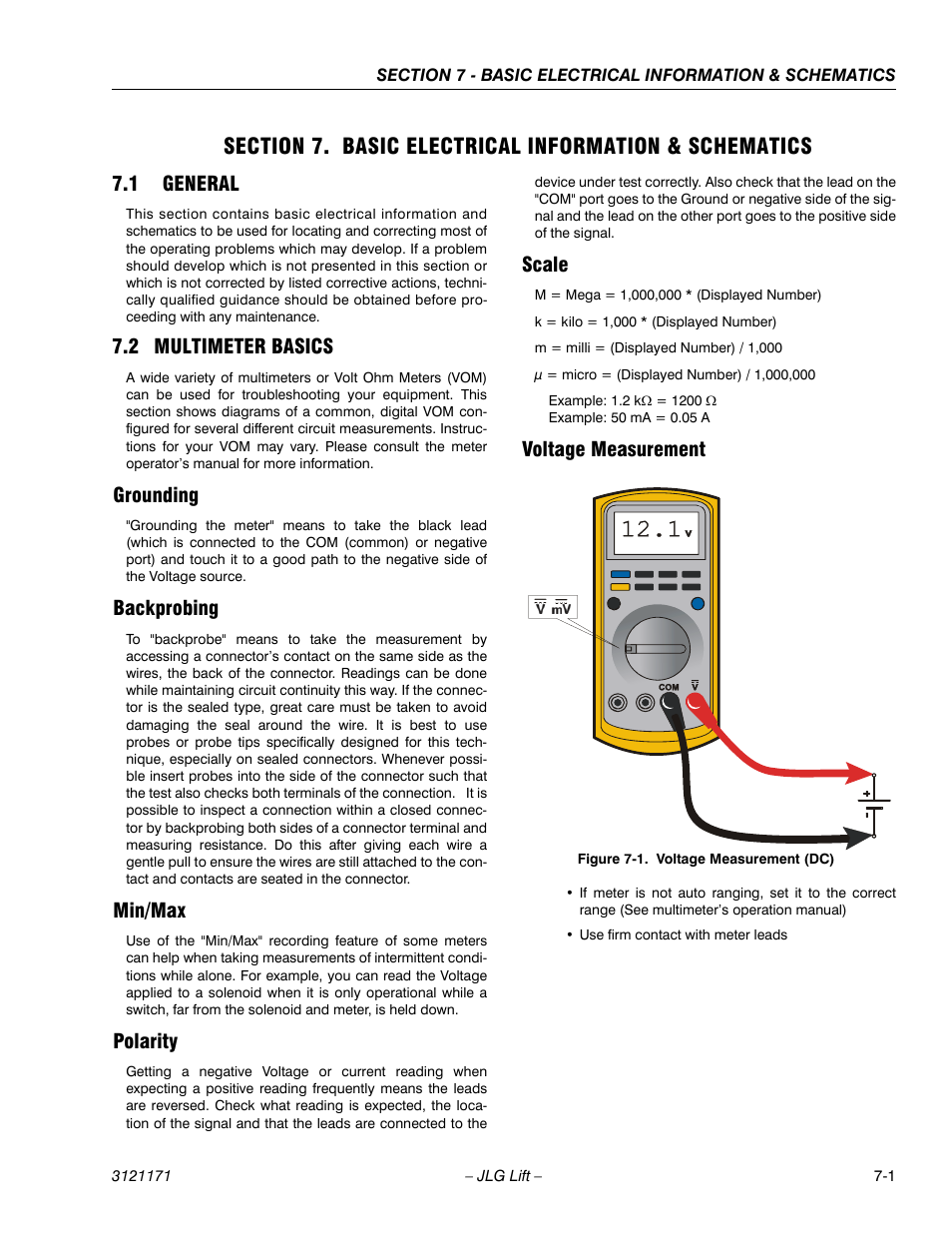 1 general, 2 multimeter basics, Grounding | Backprobing, Min/max, Polarity, Scale, Voltage measurement, General -1, Multimeter basics -1 | JLG 1250AJP Service Manual User Manual | Page 561 / 606