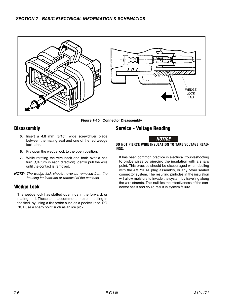 Disassembly, Wedge lock, Service - voltage reading | Connector disassembly -6 | JLG 1250AJP Service Manual User Manual | Page 566 / 606