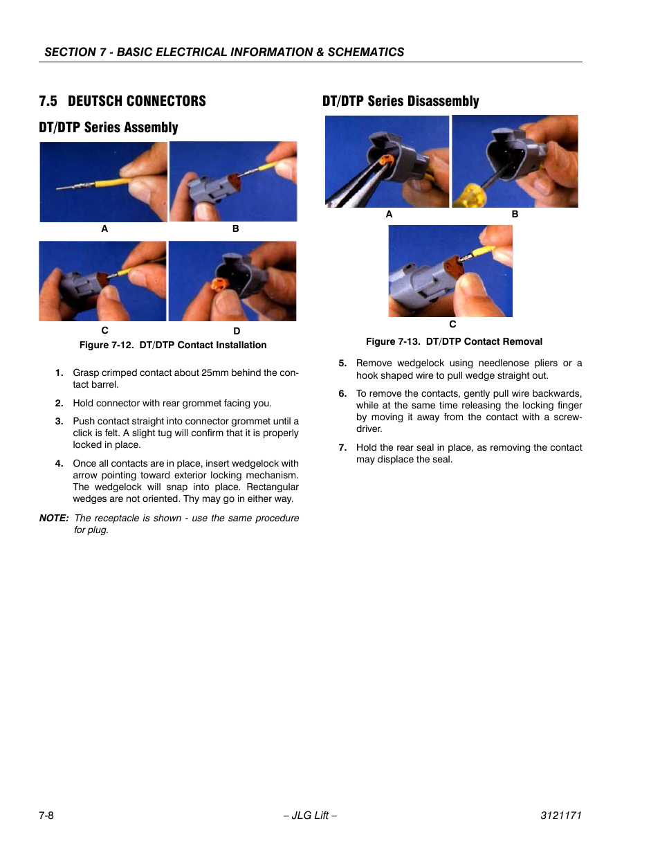 5 deutsch connectors, Dt/dtp series assembly, Dt/dtp series disassembly | Deutsch connectors -8, Dt/dtp contact installation -8, Dt/dtp contact removal -8, 5 deutsch connectors dt/dtp series assembly | JLG 1250AJP Service Manual User Manual | Page 568 / 606