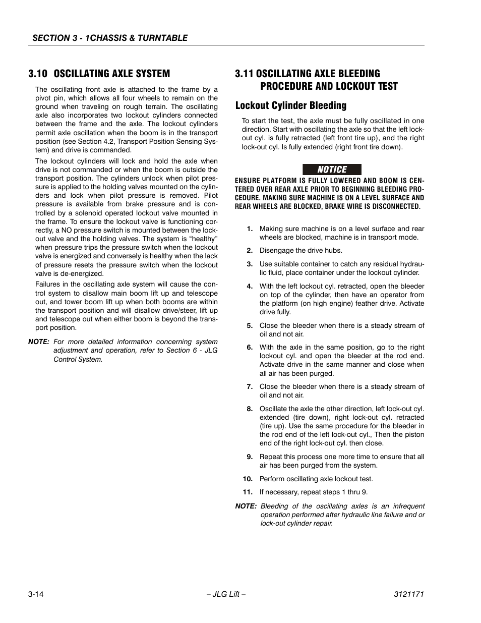 10 oscillating axle system, Lockout cylinder bleeding, Oscillating axle system -14 | Lockout cylinder bleeding -14 | JLG 1250AJP Service Manual User Manual | Page 62 / 606