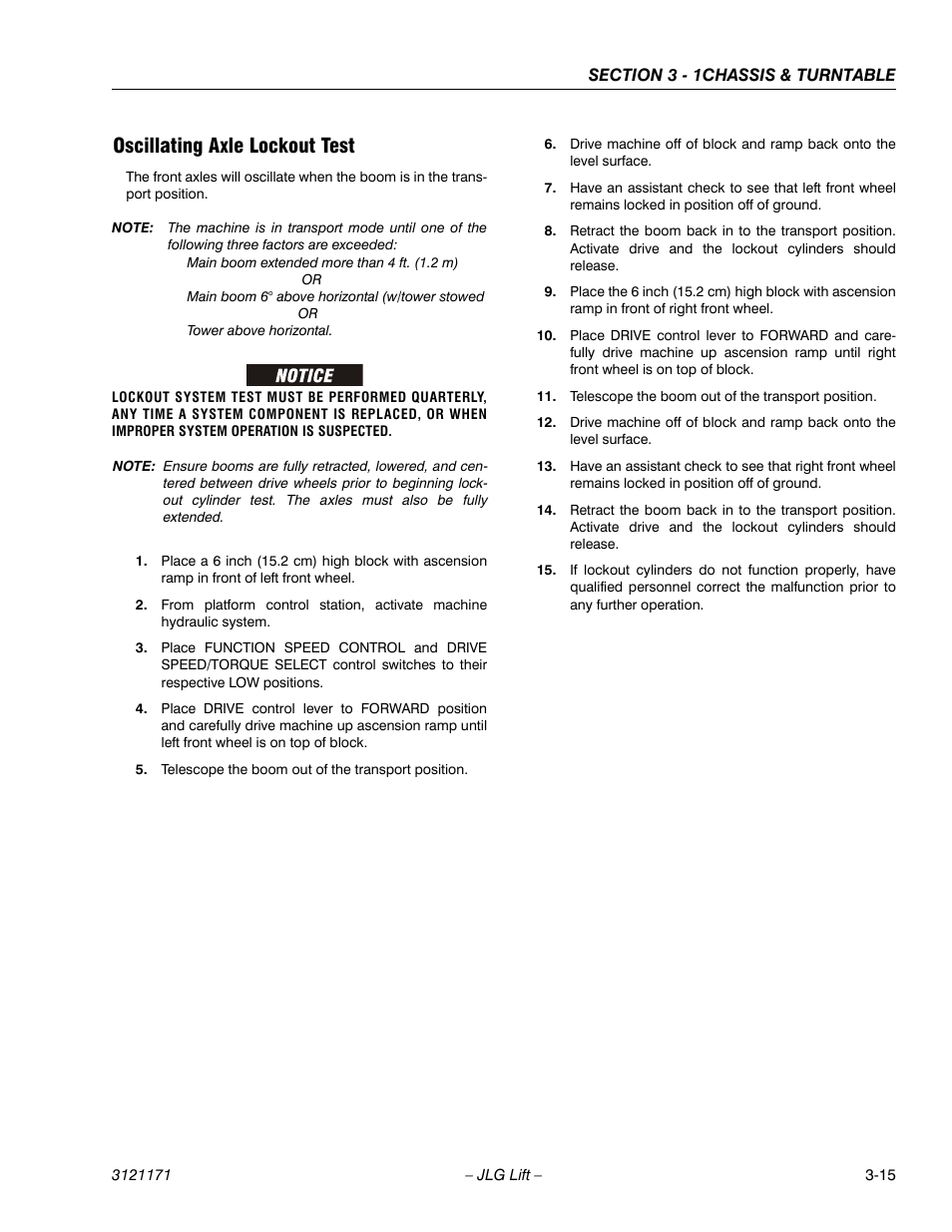 Oscillating axle lockout test, Oscillating axle lockout test -15 | JLG 1250AJP Service Manual User Manual | Page 63 / 606
