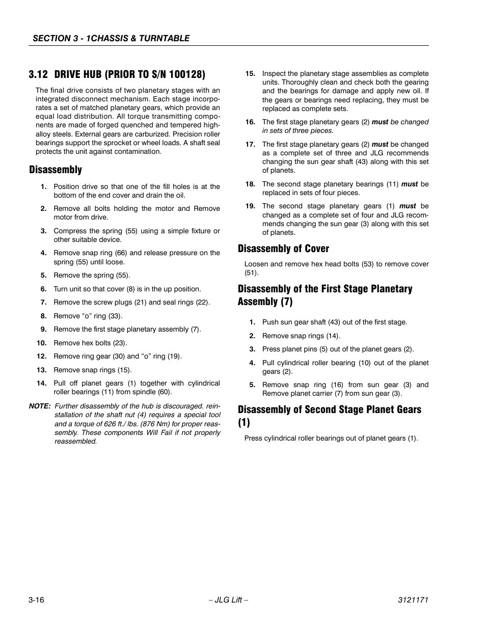 12 drive hub (prior to s/n 100128), Disassembly, Disassembly of cover | Disassembly of second stage planet gears (1), Drive hub (prior to s/n 100128) -16 | JLG 1250AJP Service Manual User Manual | Page 64 / 606