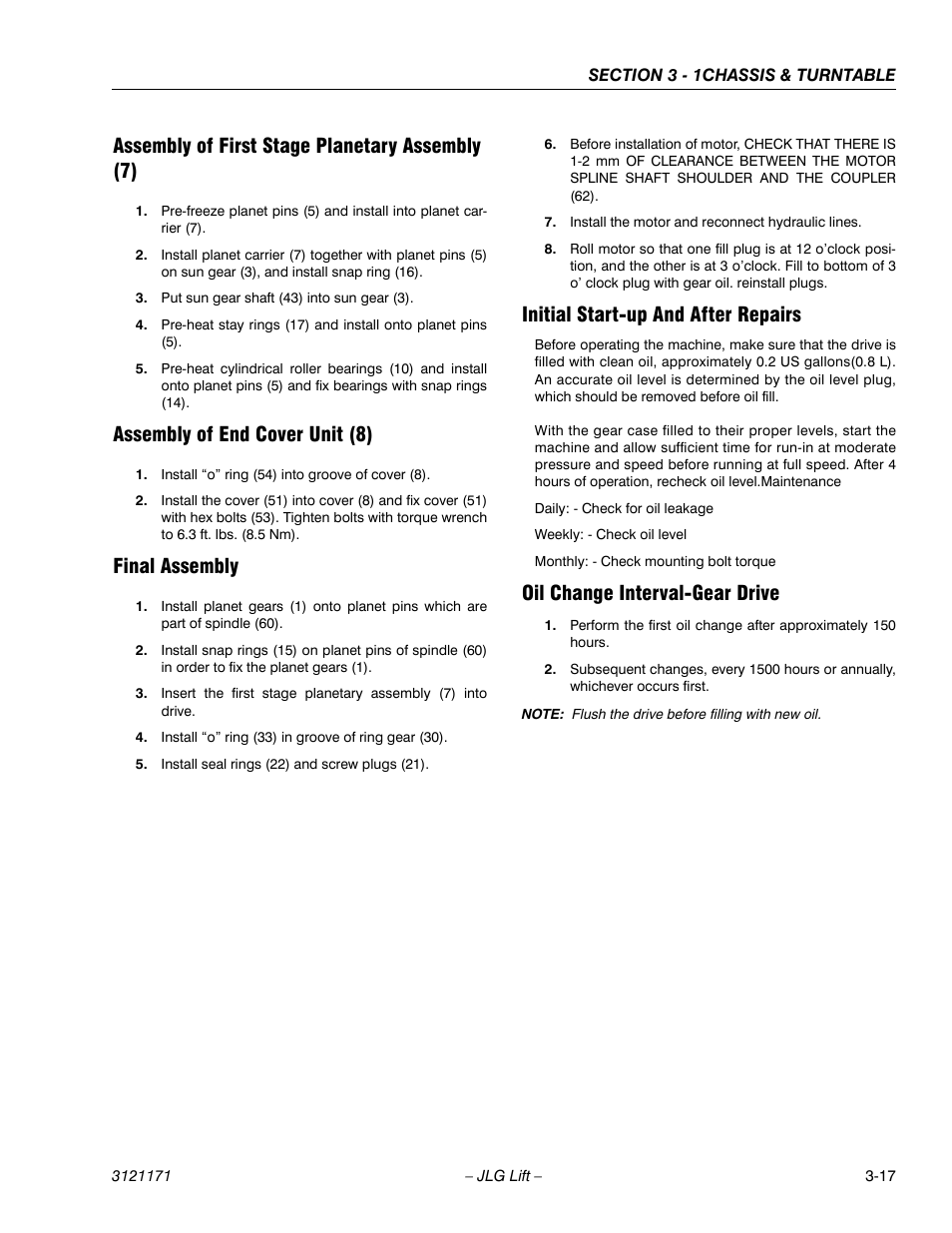 Assembly of first stage planetary assembly (7), Assembly of end cover unit (8), Final assembly | Initial start-up and after repairs, Oil change interval-gear drive | JLG 1250AJP Service Manual User Manual | Page 65 / 606