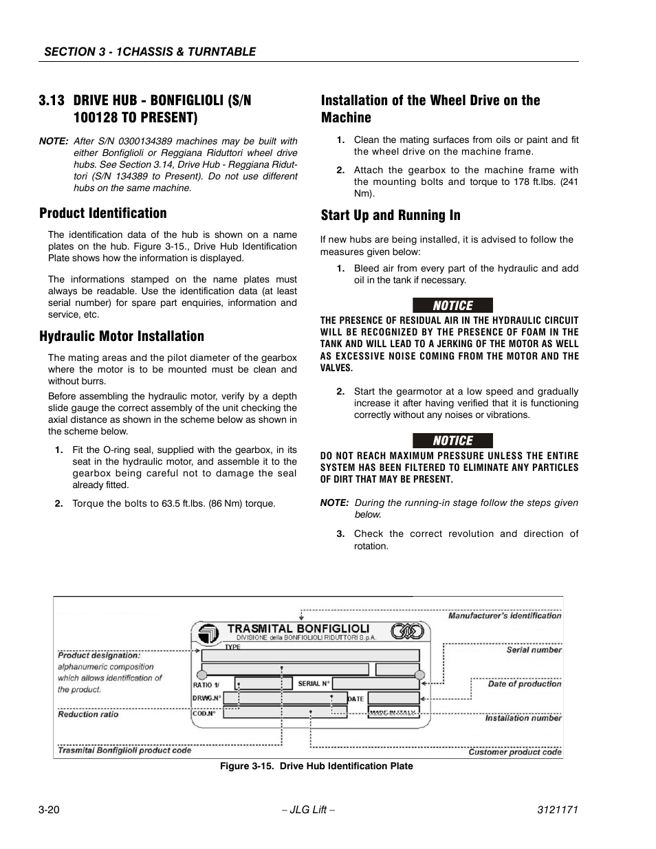 13 drive hub - bonfiglioli (s/n 100128 to present), Product identification, Hydraulic motor installation | Installation of the wheel drive on the machine, Start up and running in, Drive hub identification plate -20 | JLG 1250AJP Service Manual User Manual | Page 68 / 606