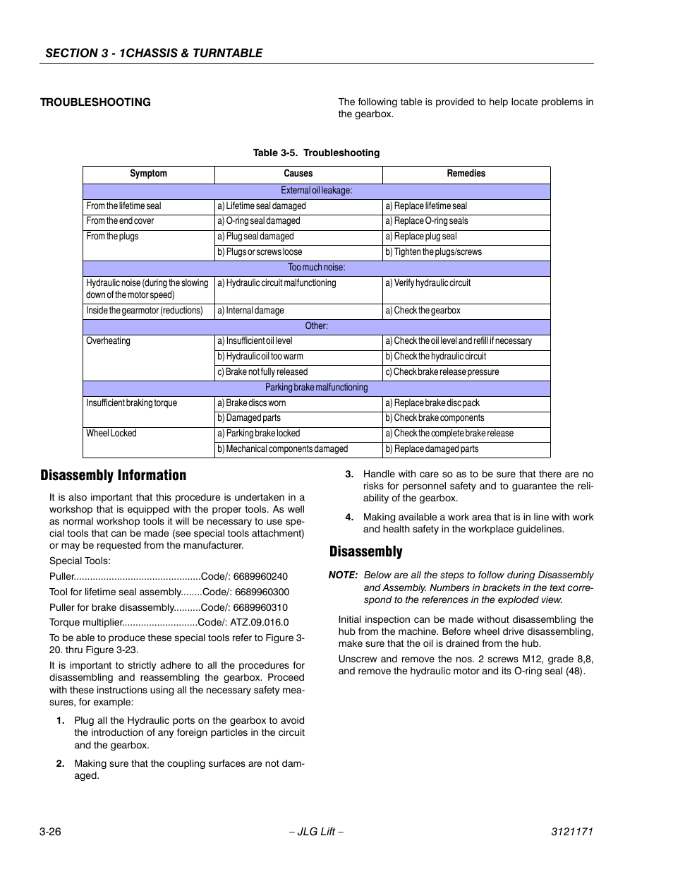 Troubleshooting, Disassembly information, Disassembly | Disassembly information -26 disassembly -26, Troubleshooting -26 | JLG 1250AJP Service Manual User Manual | Page 74 / 606