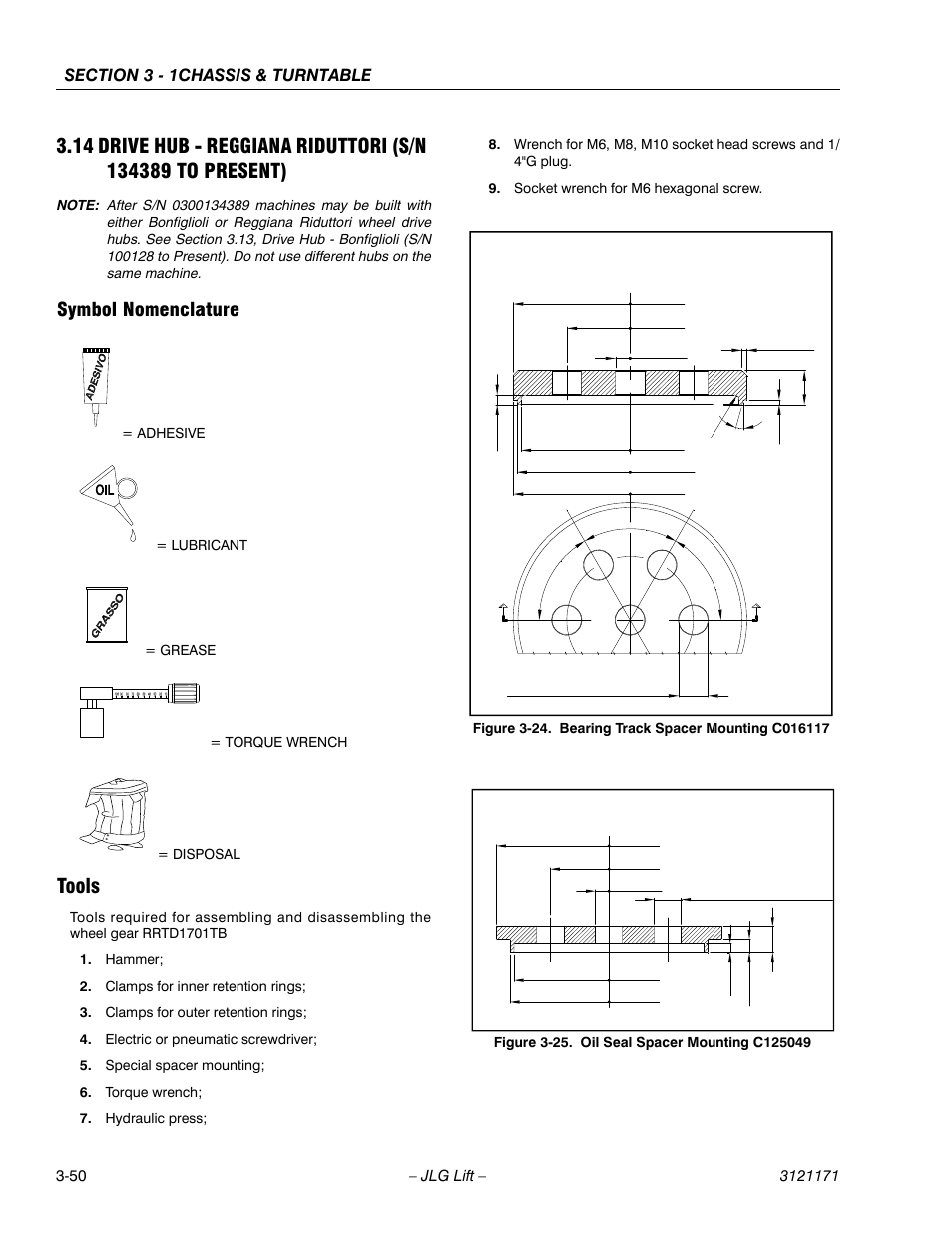 Symbol nomenclature, Tools, Symbol nomenclature -50 tools -50 | Bearing track spacer mounting c016117 -50, Oil seal spacer mounting c125049 -50, M- 1326, M- 1537 | JLG 1250AJP Service Manual User Manual | Page 98 / 606