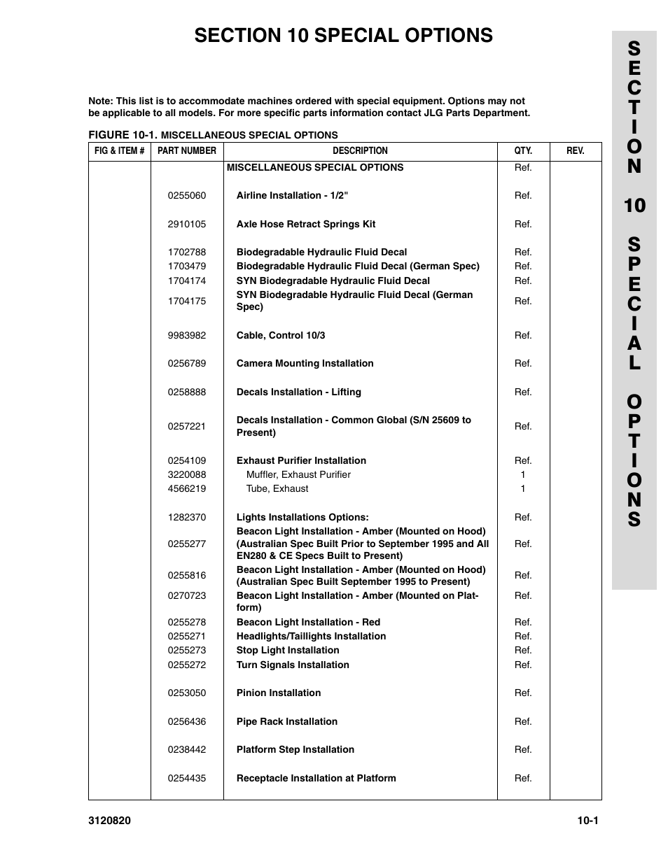 Section 10 special options, 10 - special options -1 | JLG 120HX Parts Manual User Manual | Page 213 / 216