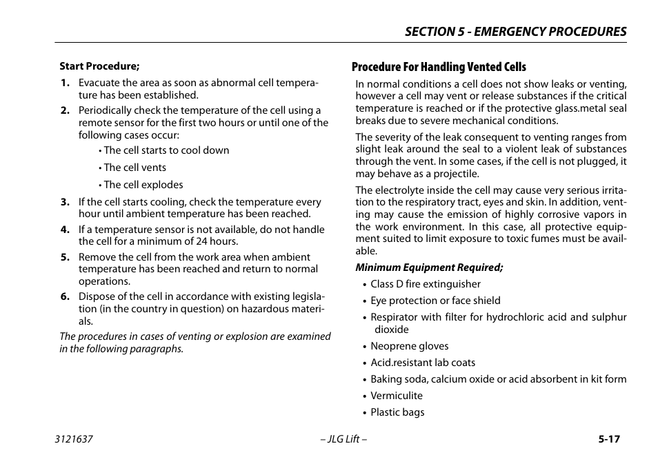 Procedure for handling vented cells, Procedure for handling vented cells -17 | JLG X600AJ Operator Manual User Manual | Page 105 / 154