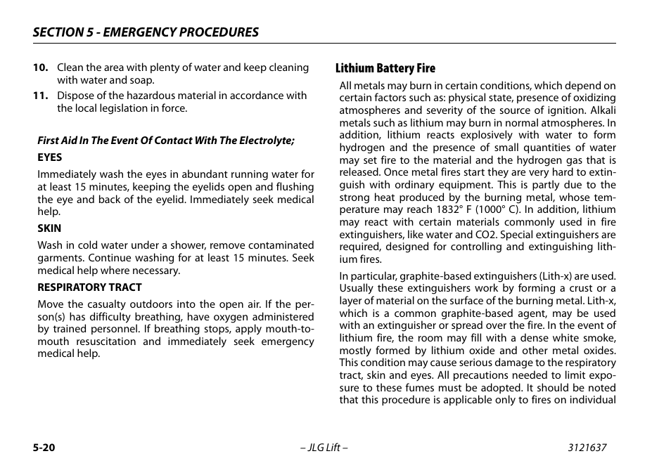 Lithium battery fire, Lithium battery fire -20 | JLG X600AJ Operator Manual User Manual | Page 108 / 154