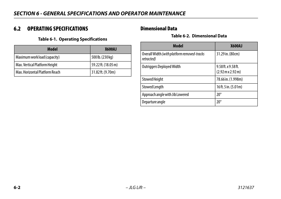 2 operating specifications, Dimensional data, Operating specifications -2 | Dimensional data -2 | JLG X600AJ Operator Manual User Manual | Page 112 / 154