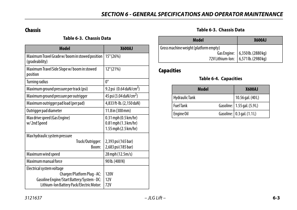 Chassis, Capacities, Chassis -3 capacities -3 | Chassis data -3, Capacities -3, Chassis capacities | JLG X600AJ Operator Manual User Manual | Page 113 / 154