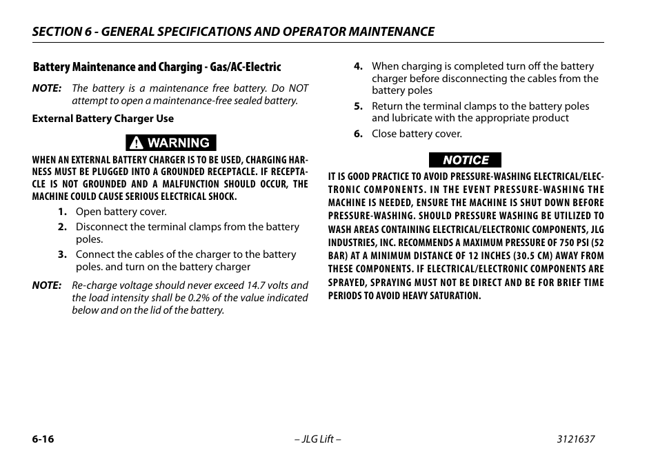 Battery maintenance and charging - gas/ac-electric | JLG X600AJ Operator Manual User Manual | Page 126 / 154