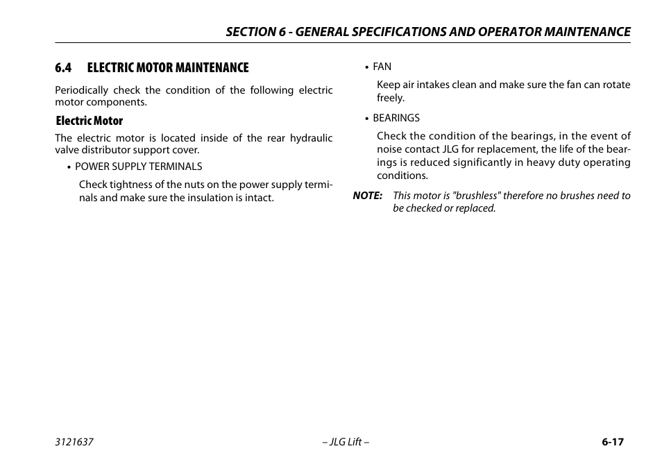 4 electric motor maintenance, Electric motor, Electric motor maintenance -17 | Electric motor -17 | JLG X600AJ Operator Manual User Manual | Page 127 / 154
