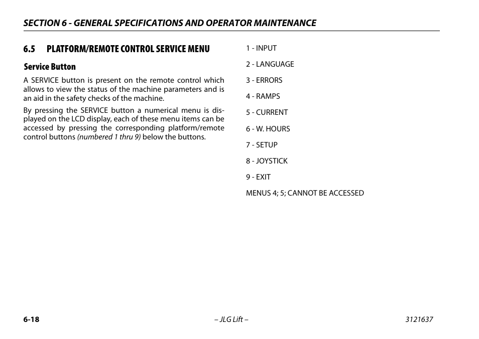 5 platform/remote control service menu, Service button, Platform/remote control service menu 6-18 | Service button -18 | JLG X600AJ Operator Manual User Manual | Page 128 / 154