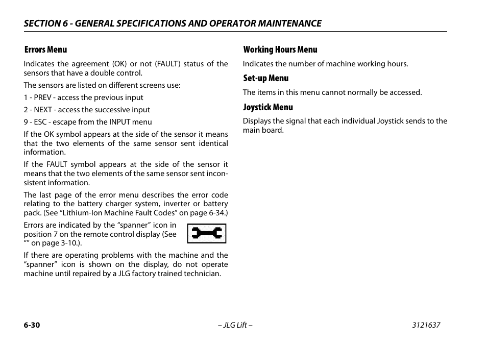 Errors menu, Working hours menu, Set-up menu | Joystick menu | JLG X600AJ Operator Manual User Manual | Page 140 / 154