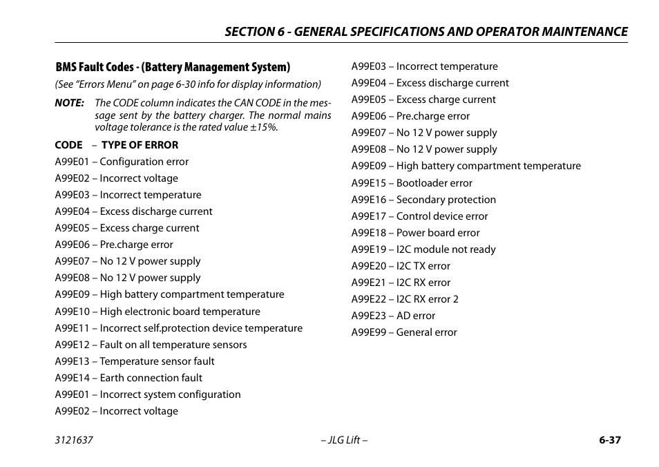 Bms fault codes - (battery management system), Bms fault codes - (battery management system) -37 | JLG X600AJ Operator Manual User Manual | Page 147 / 154