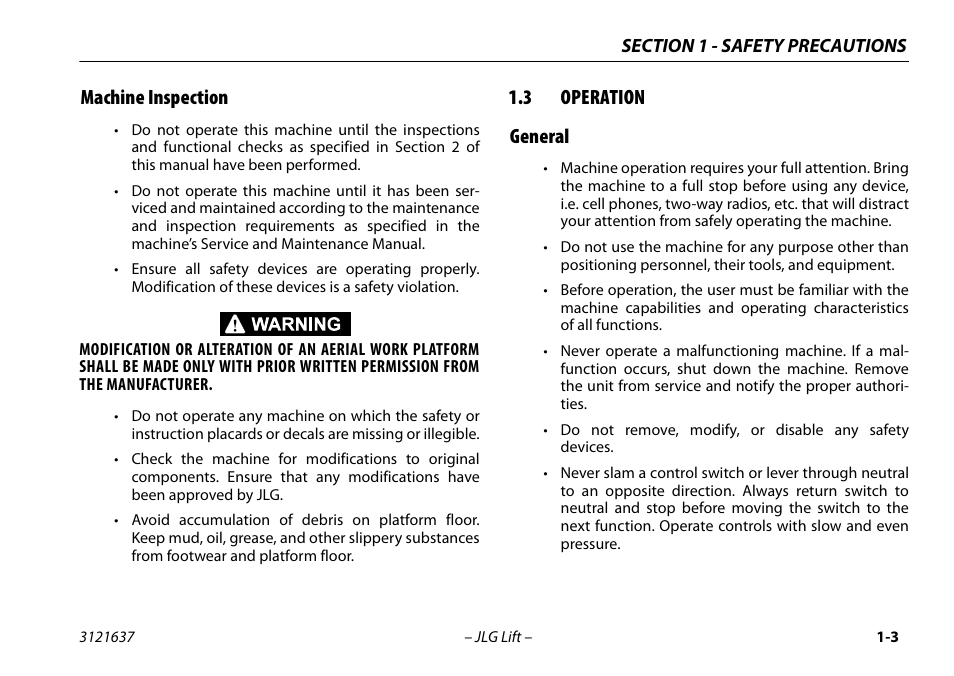Machine inspection, 3 operation, General | 3 operation general | JLG X600AJ Operator Manual User Manual | Page 15 / 154