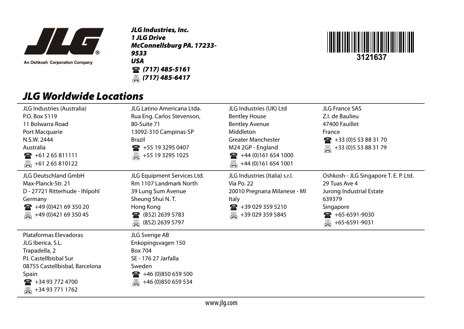 Jlg worldwide locations | JLG X600AJ Operator Manual User Manual | Page 154 / 154