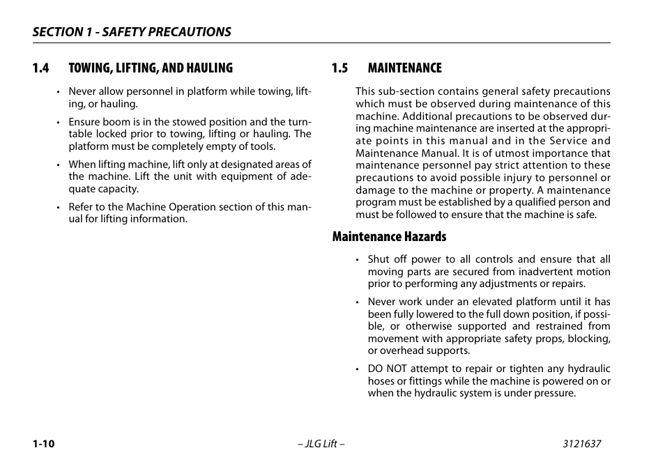 4 towing, lifting, and hauling, 5 maintenance, Maintenance hazards | JLG X600AJ Operator Manual User Manual | Page 22 / 154