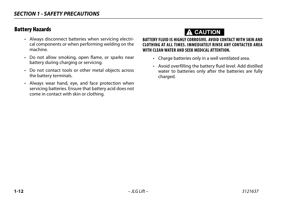 Battery hazards | JLG X600AJ Operator Manual User Manual | Page 24 / 154