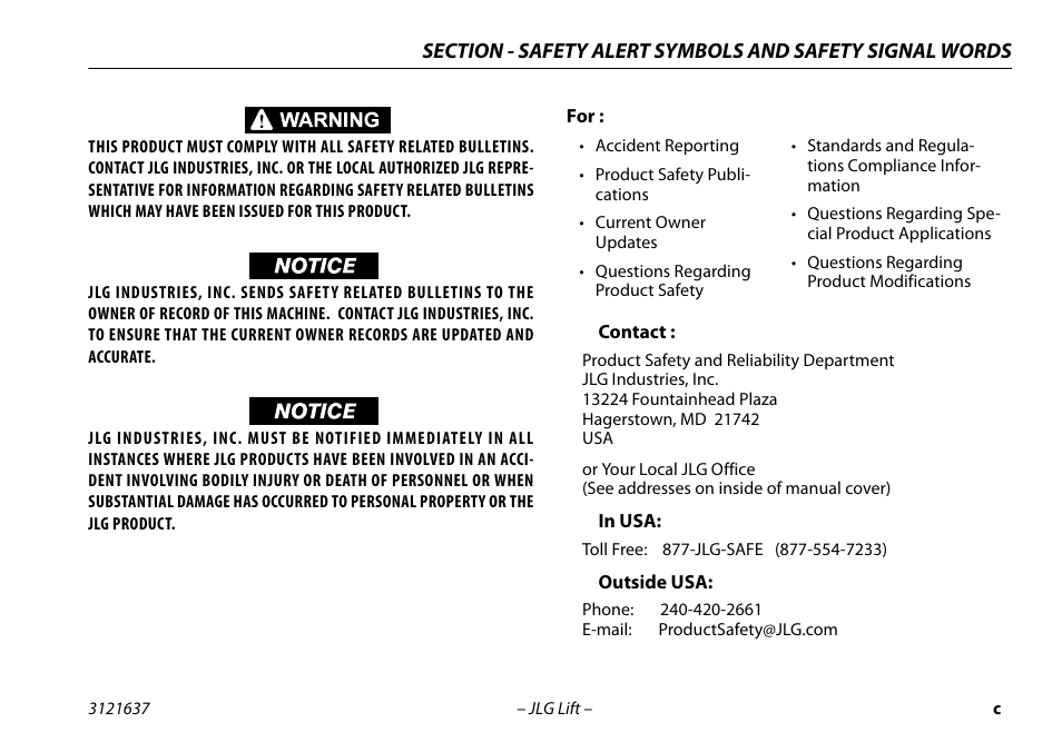 Contact, In usa, Outside usa | JLG X600AJ Operator Manual User Manual | Page 5 / 154
