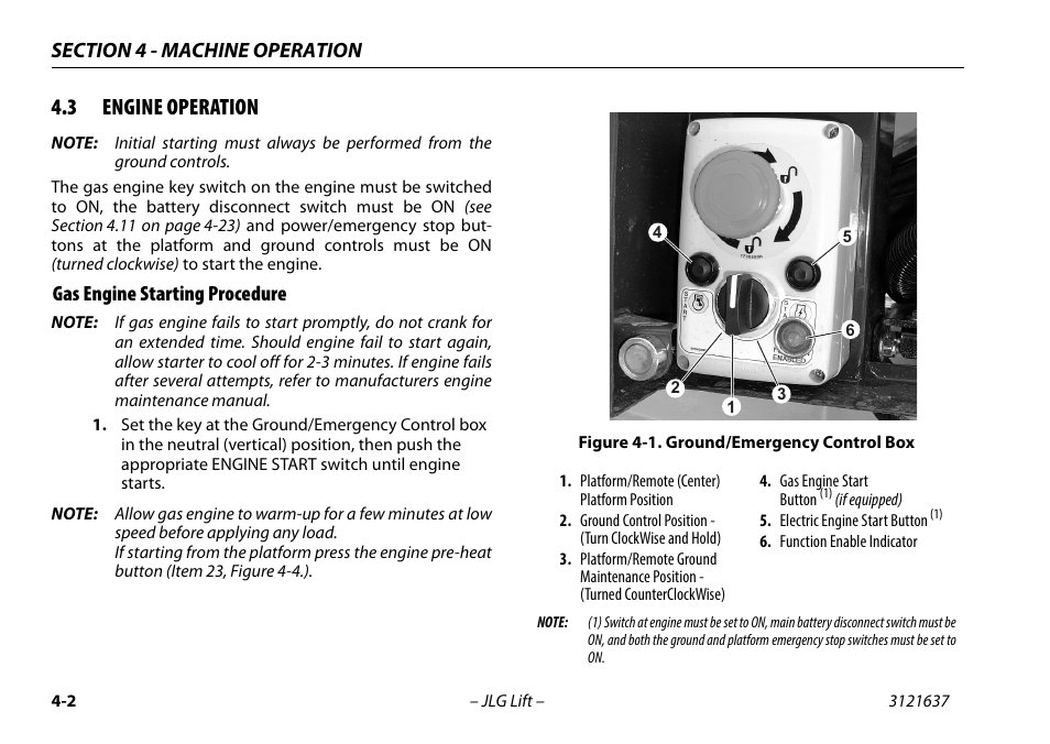 3 engine operation, Gas engine starting procedure, Engine operation -2 | Gas engine starting procedure -2, Ground/emergency control box -2 | JLG X600AJ Operator Manual User Manual | Page 52 / 154
