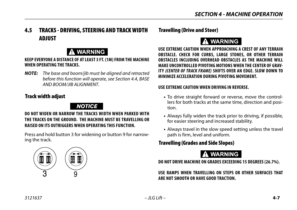 Track width adjust, Travelling (drive and steer), Travelling (grades and side slopes) | JLG X600AJ Operator Manual User Manual | Page 57 / 154