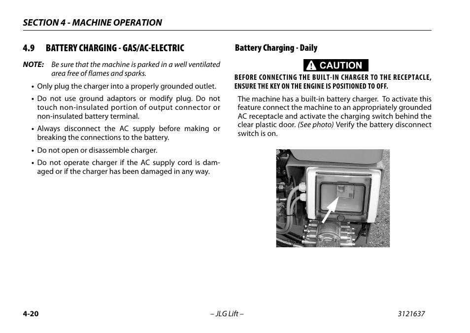 9 battery charging - gas/ac-electric, Battery charging - daily, Battery charging - gas/ac-electric -20 | Battery charging - daily -20 | JLG X600AJ Operator Manual User Manual | Page 70 / 154