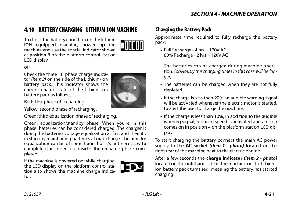 10 battery charging - lithium-ion machine, Charging the battery pack, 10 battery charging - lithium-ion machine -21 | Charging the battery pack -21 | JLG X600AJ Operator Manual User Manual | Page 71 / 154