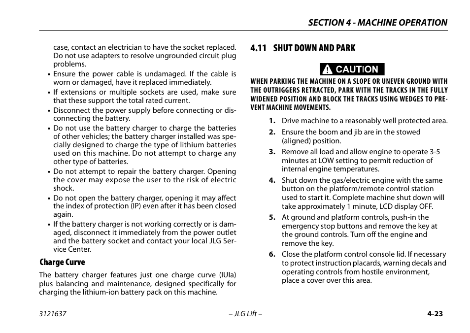 Charge curve, 11 shut down and park, Charge curve -23 | 11 shut down and park -23 | JLG X600AJ Operator Manual User Manual | Page 73 / 154