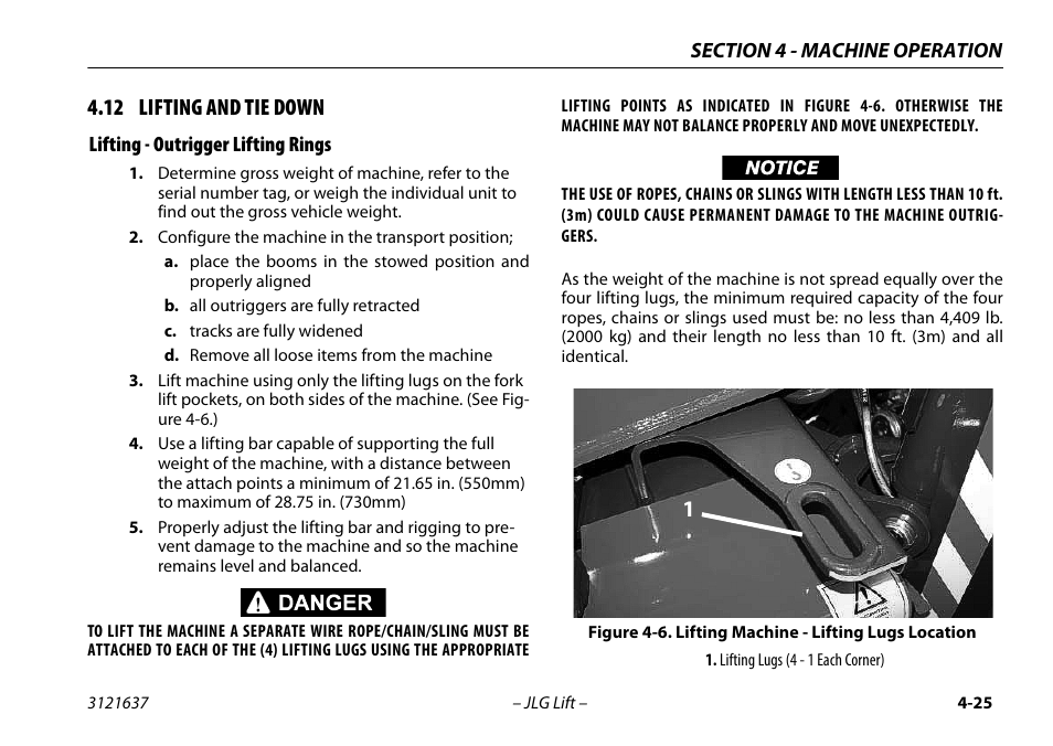 12 lifting and tie down, Lifting - outrigger lifting rings, 12 lifting and tie down -25 | Lifting - outrigger lifting rings -25, Lifting machine - lifting lugs location -25 | JLG X600AJ Operator Manual User Manual | Page 75 / 154