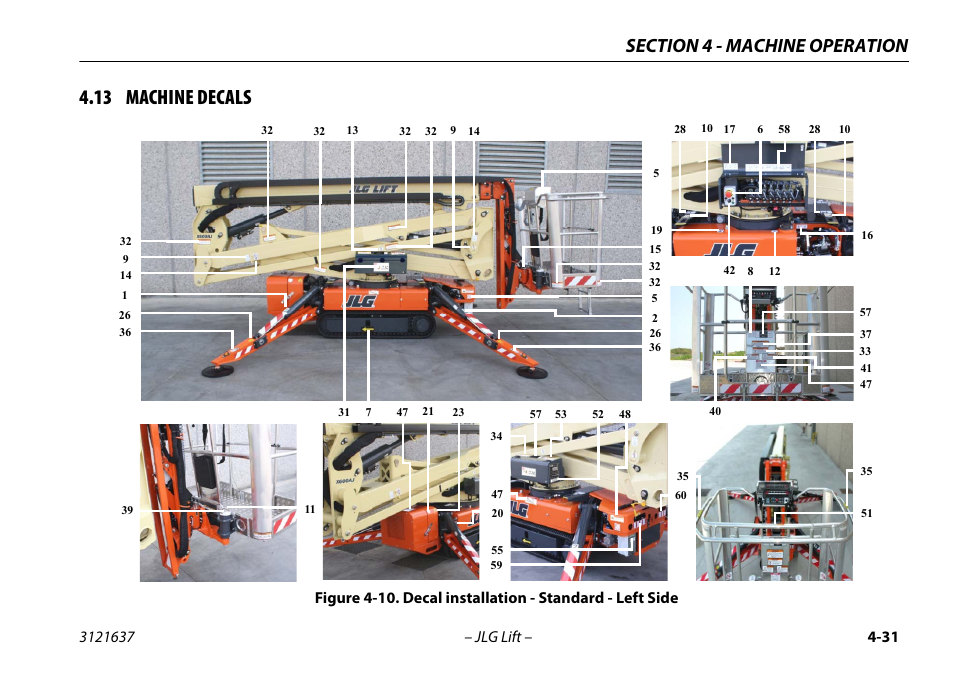 13 machine decals, 13 machine decals -31, 10. decal installation - standard - left side -31 | JLG X600AJ Operator Manual User Manual | Page 81 / 154